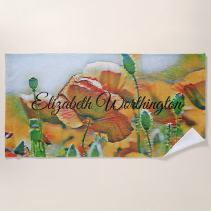 Vintage Watercolor of Orange Green Poppy Flowers Beach Towel
