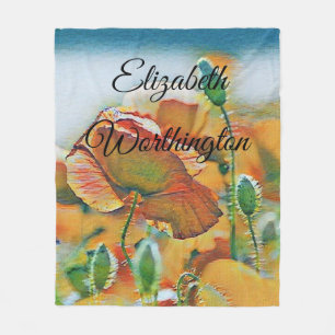 Vintage Watercolor of Orange Green Poppy Flowers Fleece Blanket