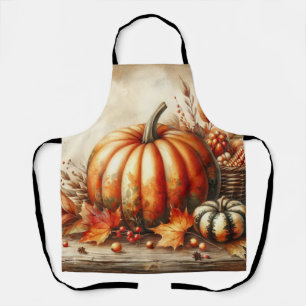 Vintage watercolor of pumpkins and fall leaves apron