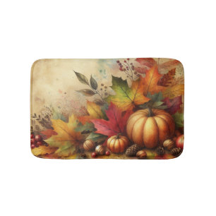 Vintage watercolor of pumpkins and fall leaves bath mat