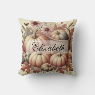 Vintage watercolor of pumpkins and fall leaves cushion
