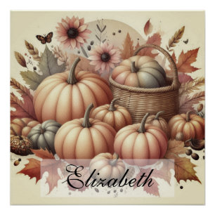 Vintage watercolor of pumpkins and fall leaves poster