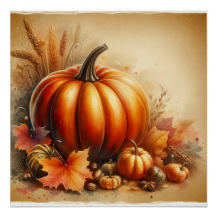 Vintage watercolor of pumpkins and fall leaves poster