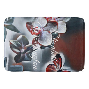 Vintage Watercolor of White Red Grey Orchid Flower Bath Mat