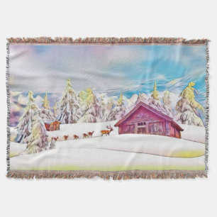 Vintage Watercolor of Winter Scenery with Reindeer Throw Blanket