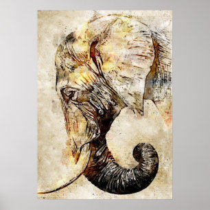 Vintage Watercolor Painting of Elephant Head Poster