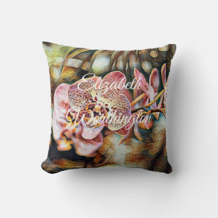 Vintage Watercolor Painting of Pink Orchid Flowers Cushion