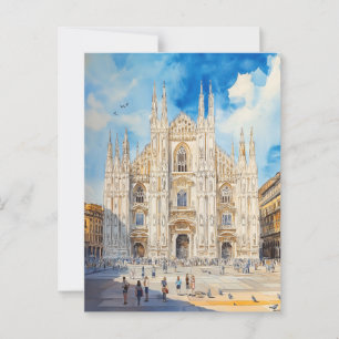 Vintage Watercolor Painting Travel Postcard Milan