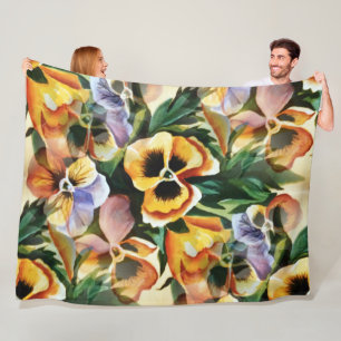 Vintage Watercolor Pansy Garden in Warm Autumn  Fleece Blanket