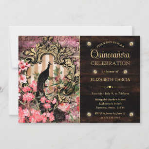 Vintage Watercolor Peacock and Flowers Quinceanera Invitation