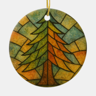 Vintage Watercolor Pine Tree Stained Glass Design Ceramic Tree Decoration