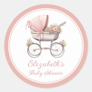 Vintage Watercolor Pink Baby Carriage Personalised Classic Round Sticker
