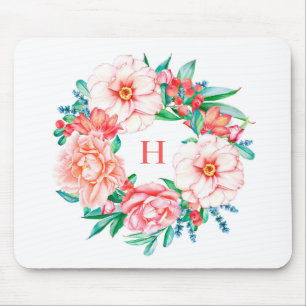 Vintage Watercolor Pink Floral Wreath Monogram Mouse Mat