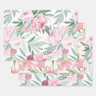 Vintage Watercolor Pink Garden Flowers Collection  Wrapping Paper Sheet