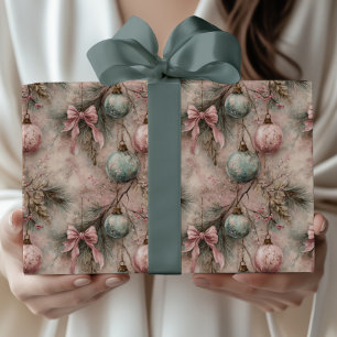 Vintage Watercolor Pink & Green Bauble Christmas  Wrapping Paper