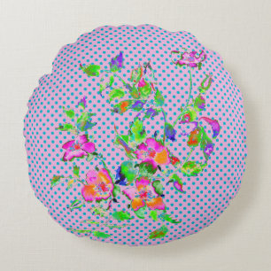 Vintage watercolor Pink orange roses polkadots Round Cushion