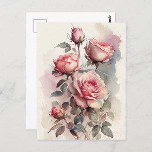 Vintage Watercolor Pink Roses  Postcard