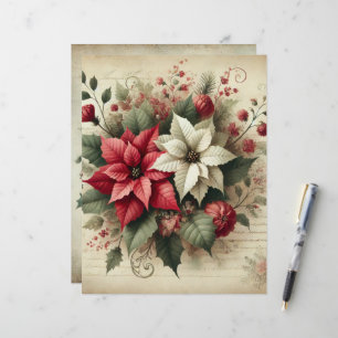 Vintage Watercolor Poinsettia Scrapbook Paper