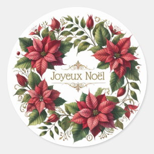 Vintage Watercolor Poinsettias French Joyeux Noël Classic Round Sticker