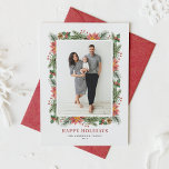 Vintage Watercolor Poinsettias Pine Needles Photo Holiday Card<br><div class="desc">Happy Holidays! Send your holiday wishes and greetings to family and friends with this customizable floral Christmas photo card. It features watercolor frame of pinecones, pine needles, hollies, berries and poinsettia. Personalize by adding names, message and a vertical photo. This vintage floral holiday photo flat card is available in other...</div>