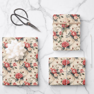 Vintage watercolor red and white French roses Wrapping Paper Sheet