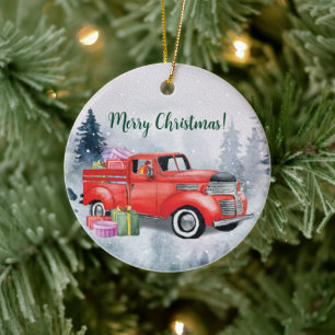 Vintage Watercolor Red Christmas Holiday Truck Ceramic Tree Decoration
