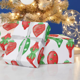Vintage Watercolor Red & Green Christmas Ornaments Wrapping Paper