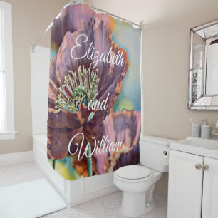 Vintage Watercolor Red Purple Poppy Flowers Shower Curtain