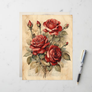 Vintage Watercolor Red Roses Paper Craft Cardstock