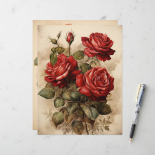 Vintage Watercolor Red Roses Paper Craft Cardstock