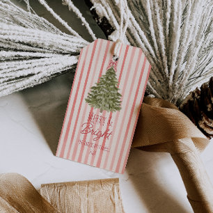 Vintage Watercolor Red Stripes Christmas Tree  Gift Tags