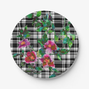 Vintage watercolor Roses black white Plaid pattern Paper Plate