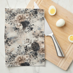Vintage Watercolor Roses in Beige, Black, Cream Tea Towel
