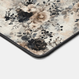 Vintage Watercolor Roses in Beige, Black Desk Mat