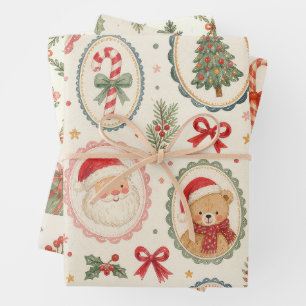 Vintage Watercolor Santa & Teddy Bear Christmas Wrapping Paper Sheet
