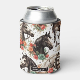 Vintage Watercolor Seamless Horse Painting Can Cooler