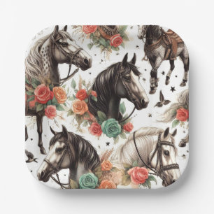 Vintage Watercolor Seamless Horse Painting Paper Plate