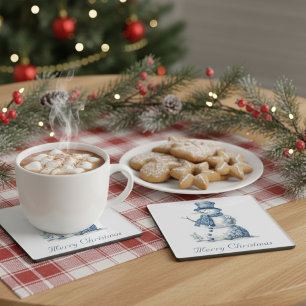 Vintage Watercolor Snowman in Delft Blue Christmas Glass Coaster