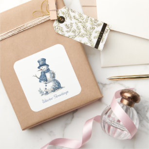 Vintage Watercolor Snowman in Delft Blue Christmas Square Sticker