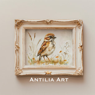 Vintage Watercolor Sparrow Painting Rustic Bird Poster