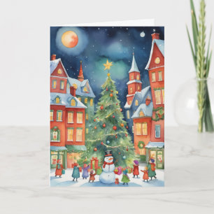 Vintage Watercolor Starry Night Christmas Card