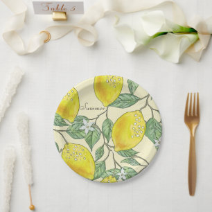 Vintage Watercolor Summer Lemons Pattern Paper Plate
