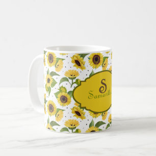 Vintage Watercolor Sunflowers Name Monogram  Coffee Mug