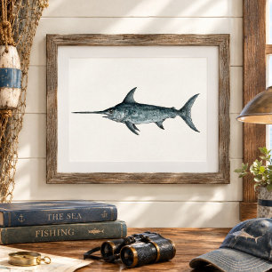 Vintage Watercolor Swordfish Painting wall art