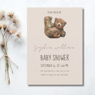 Vintage Watercolor Teddy Bear Baby Shower Invitation