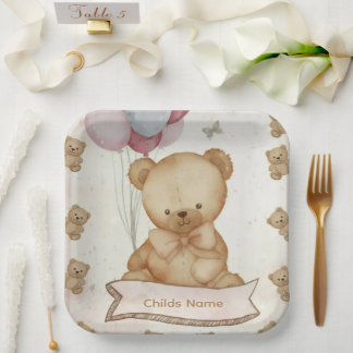 Vintage watercolor teddy bear theme paper plate
