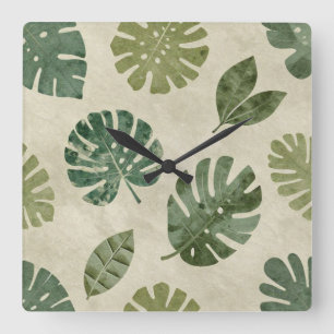 Vintage Watercolor Tropical Monstera Foliage Seaml Square Wall Clock