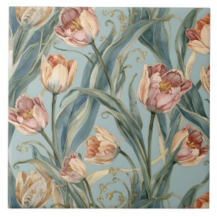 Vintage Watercolor Tulip Flowers ,Rose Gold,Peach Tile