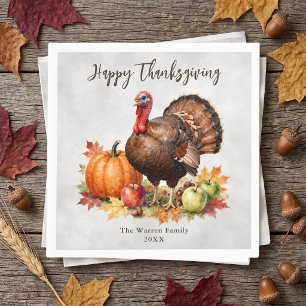 Vintage Watercolor Turkey Family Thanksgiving Napkin