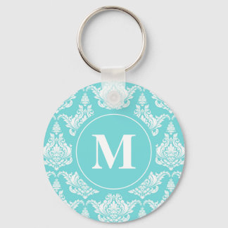 Vintage Watercolor Turquoise Damask Monogram Key Ring